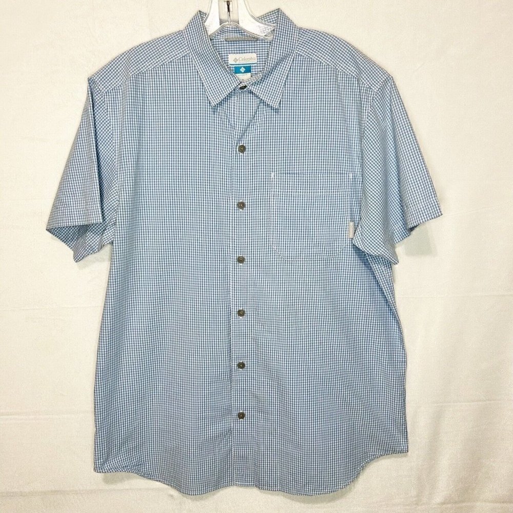 COLUMBIA Men's Button-Down Short-Sleeve Shirt Pocket Blue Gingham Sz M